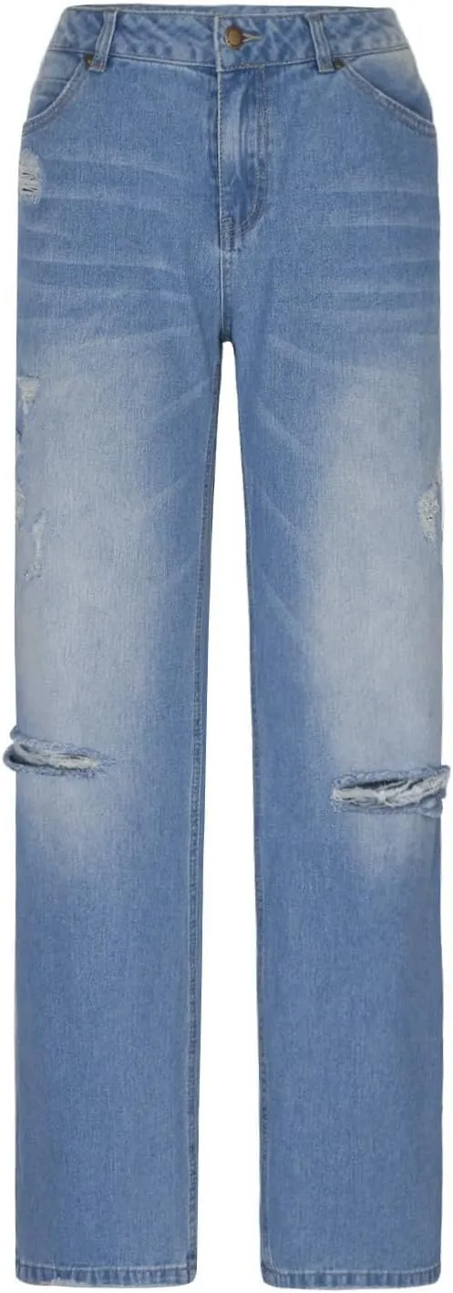 Women's Wide Leg Ripped Trendy Jeans Casual Vintage Distressed Denim Pants Boyfriend Trousers