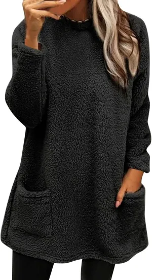 Women's Winter Warm Fleece Lined Sweatshirt, Oversized Fuzzy Outerwear, Long Sleeve Sherpa Tunic Tops with Leggings