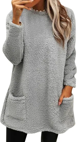 Women's Winter Warm Fleece Lined Sweatshirt, Oversized Fuzzy Outerwear, Long Sleeve Sherpa Tunic Tops with Leggings