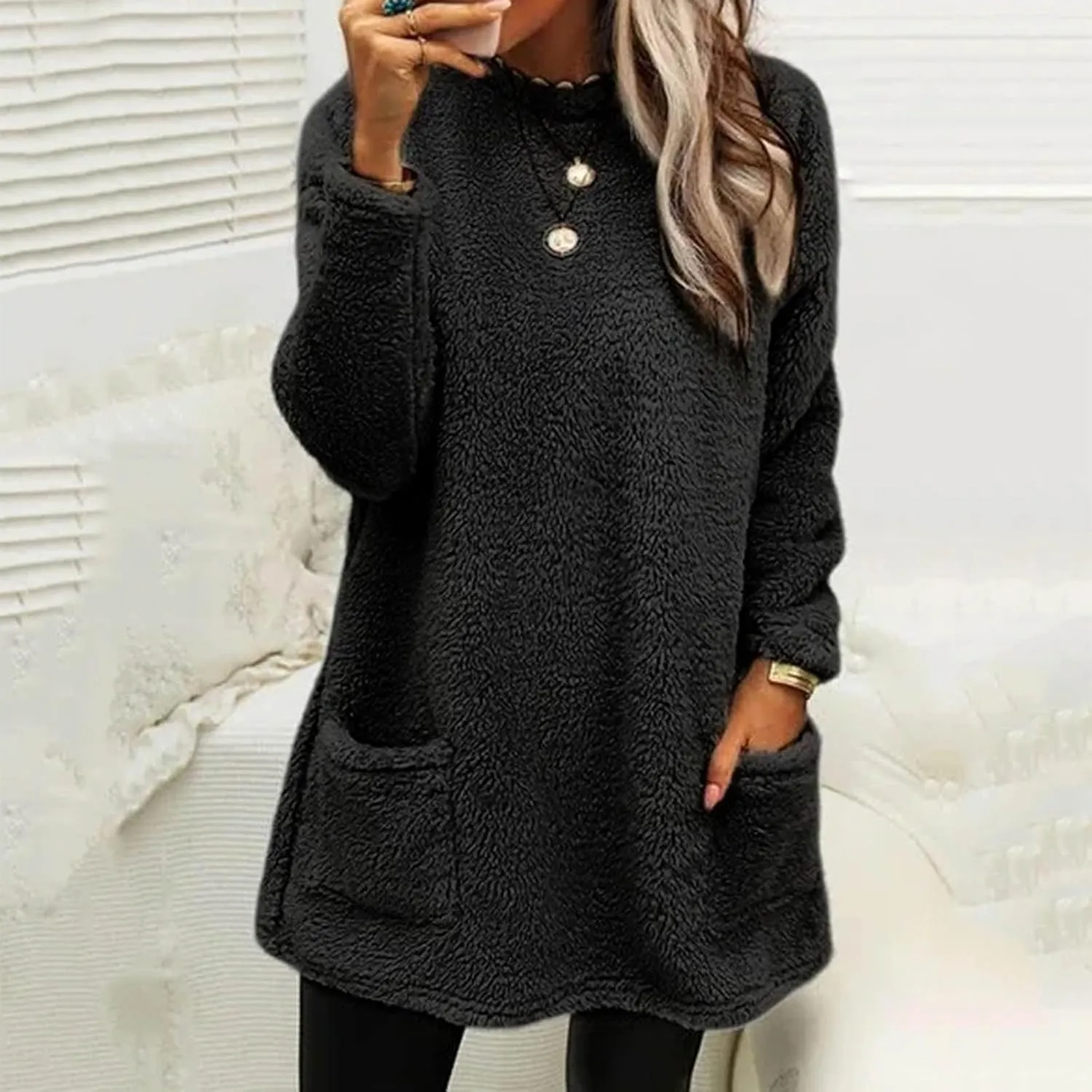 Women's Winter Warm Fleece Lined Sweatshirt, Oversized Fuzzy Outerwear, Long Sleeve Sherpa Tunic Tops with Leggings