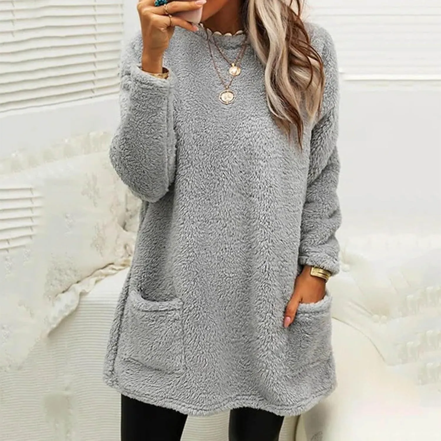 Women's Winter Warm Fleece Lined Sweatshirt, Oversized Fuzzy Outerwear, Long Sleeve Sherpa Tunic Tops with Leggings