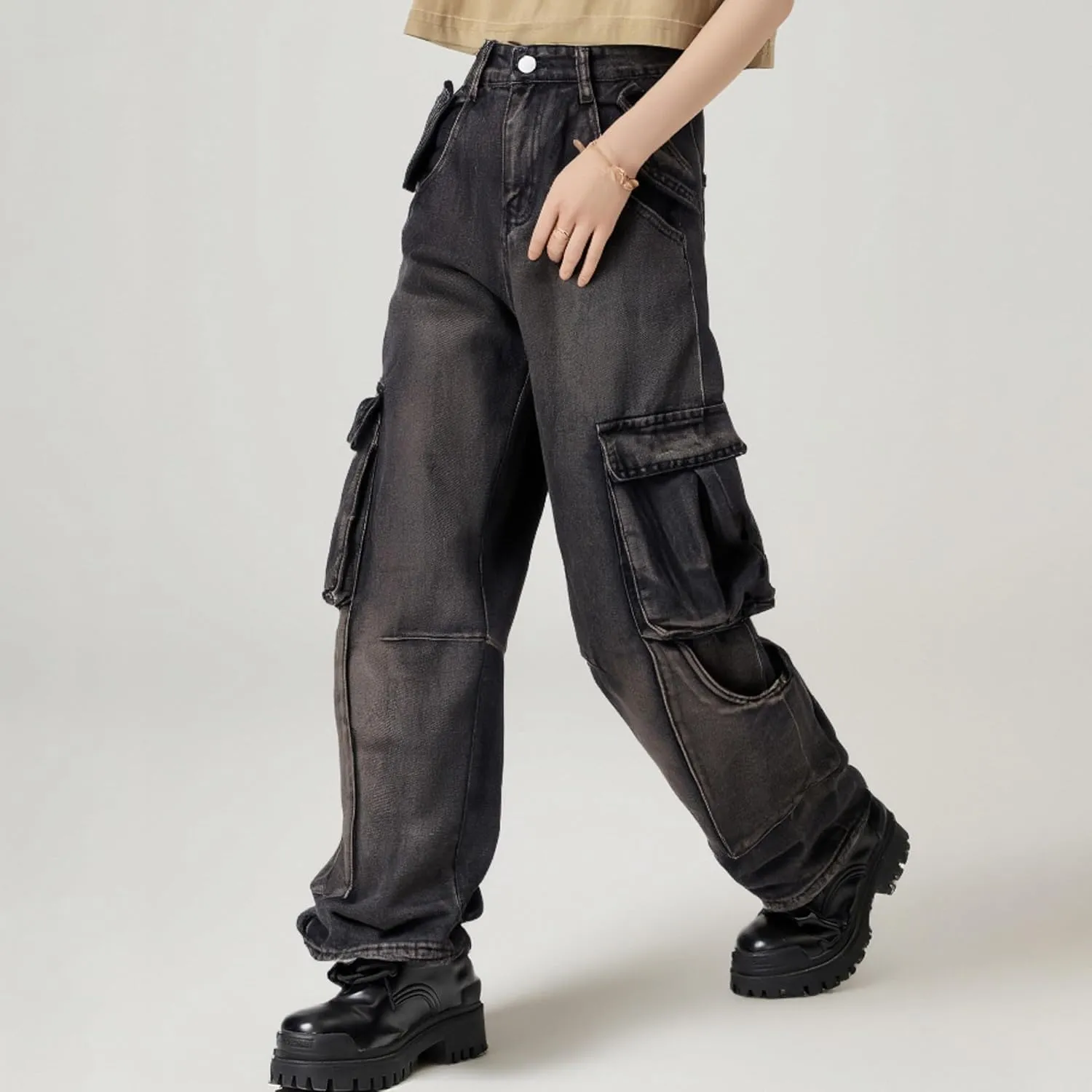 XYXIONGMAO Men's Black Streetwear Sweatpants Techwear Overalls Hip Hop Casual Jeans Cargo Pants Multi-Pocket Washed Denim