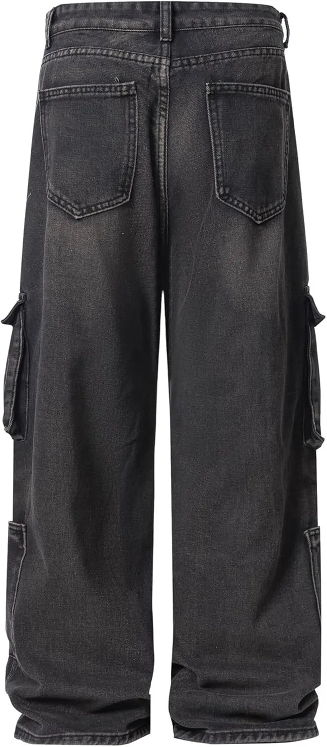 XYXIONGMAO Men's Black Streetwear Sweatpants Techwear Overalls Hip Hop Casual Jeans Cargo Pants Multi-Pocket Washed Denim