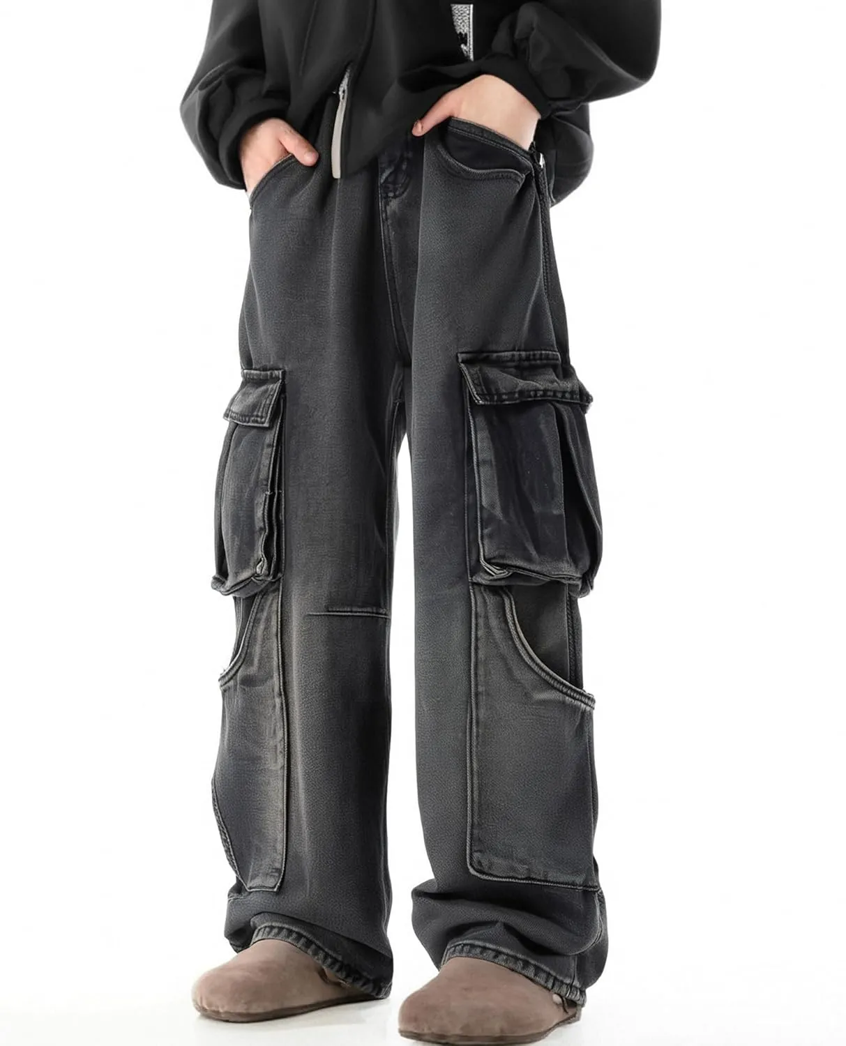 XYXIONGMAO Men's Black Streetwear Sweatpants Techwear Overalls Hip Hop Casual Jeans Cargo Pants Multi-Pocket Washed Denim