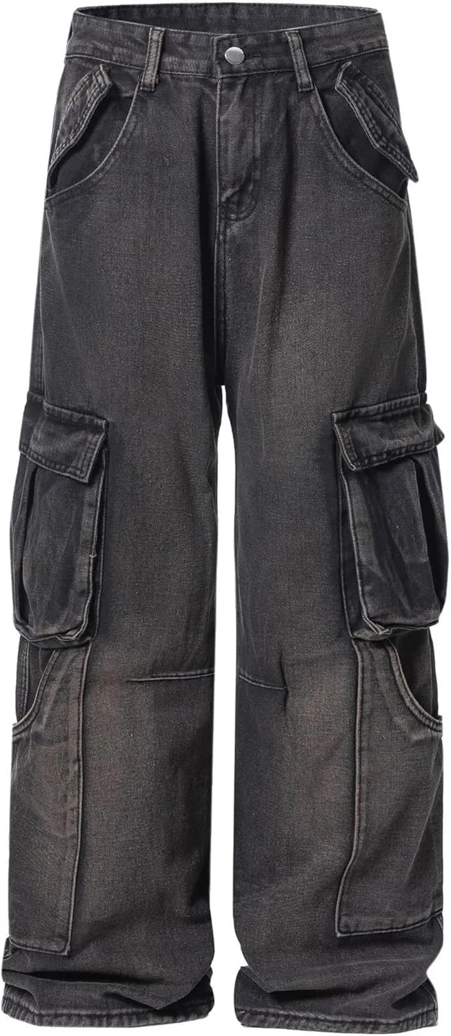 XYXIONGMAO Men's Black Streetwear Sweatpants Techwear Overalls Hip Hop Casual Jeans Cargo Pants Multi-Pocket Washed Denim