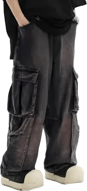 XYXIONGMAO Men's Black Streetwear Sweatpants Techwear Overalls Hip Hop Casual Jeans Cargo Pants Multi-Pocket Washed Denim