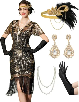 YESSA Flapper Dresses 1920s,Great Gatsby Dresses for Women Fringe Roaring 20s Costumes with 20s Accessories for Harlem Nights