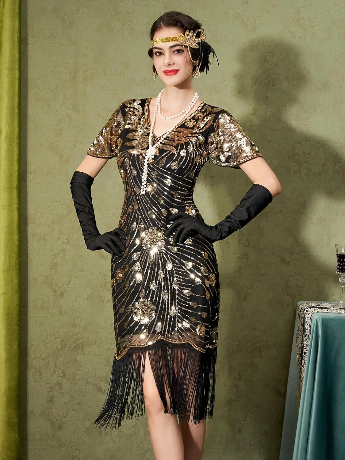 YESSA Flapper Dresses 1920s,Great Gatsby Dresses for Women Fringe Roaring 20s Costumes with 20s Accessories for Harlem Nights