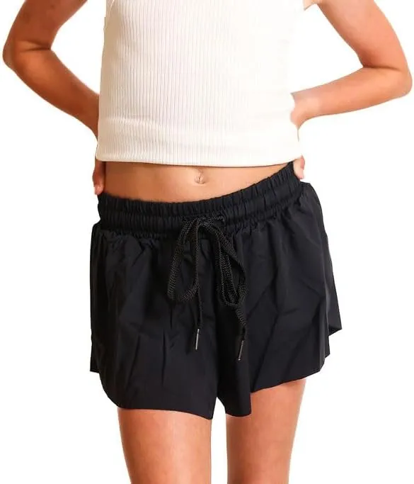 Youth Girls Flowy Athletic Shorts with Spandex Liner. Butterfly Shorts for Fitness, Running, Sports with Drawstring Closure