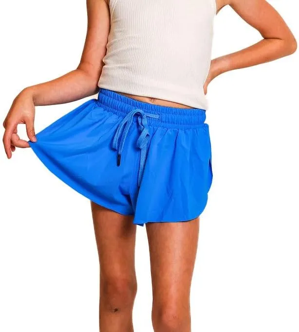 Youth Girls Flowy Athletic Shorts with Spandex Liner. Butterfly Shorts for Fitness, Running, Sports with Drawstring Closure