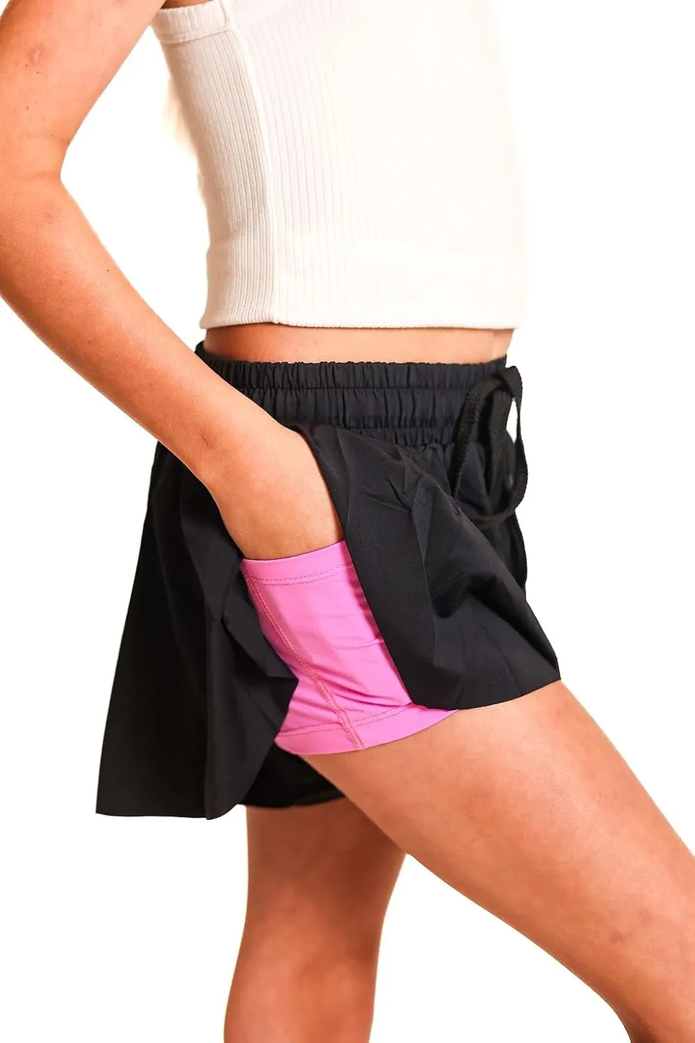 Youth Girls Flowy Athletic Shorts with Spandex Liner. Butterfly Shorts for Fitness, Running, Sports with Drawstring Closure