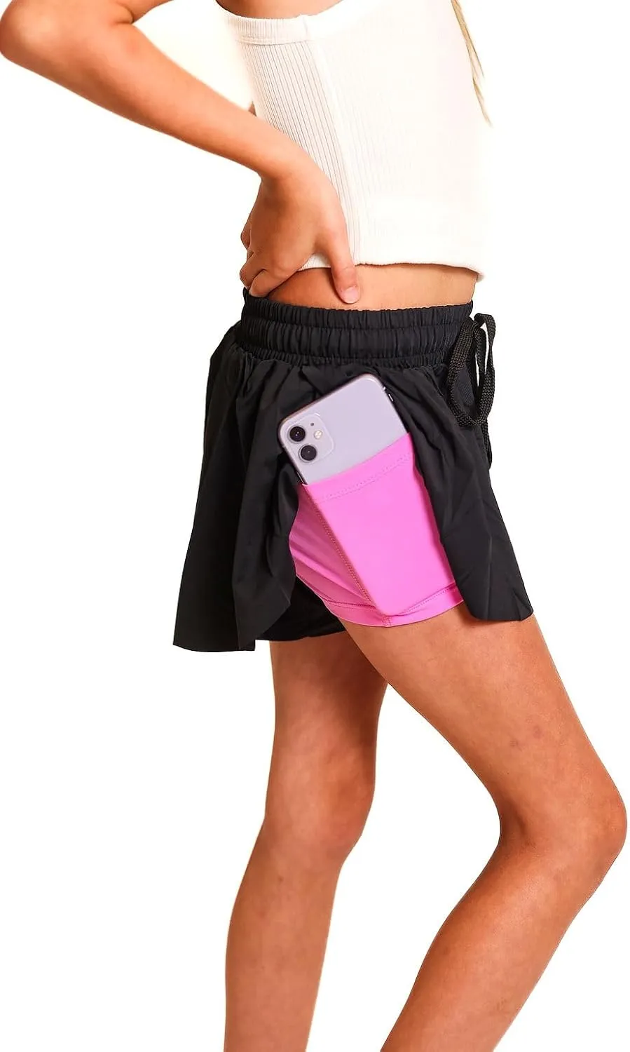 Youth Girls Flowy Athletic Shorts with Spandex Liner. Butterfly Shorts for Fitness, Running, Sports with Drawstring Closure
