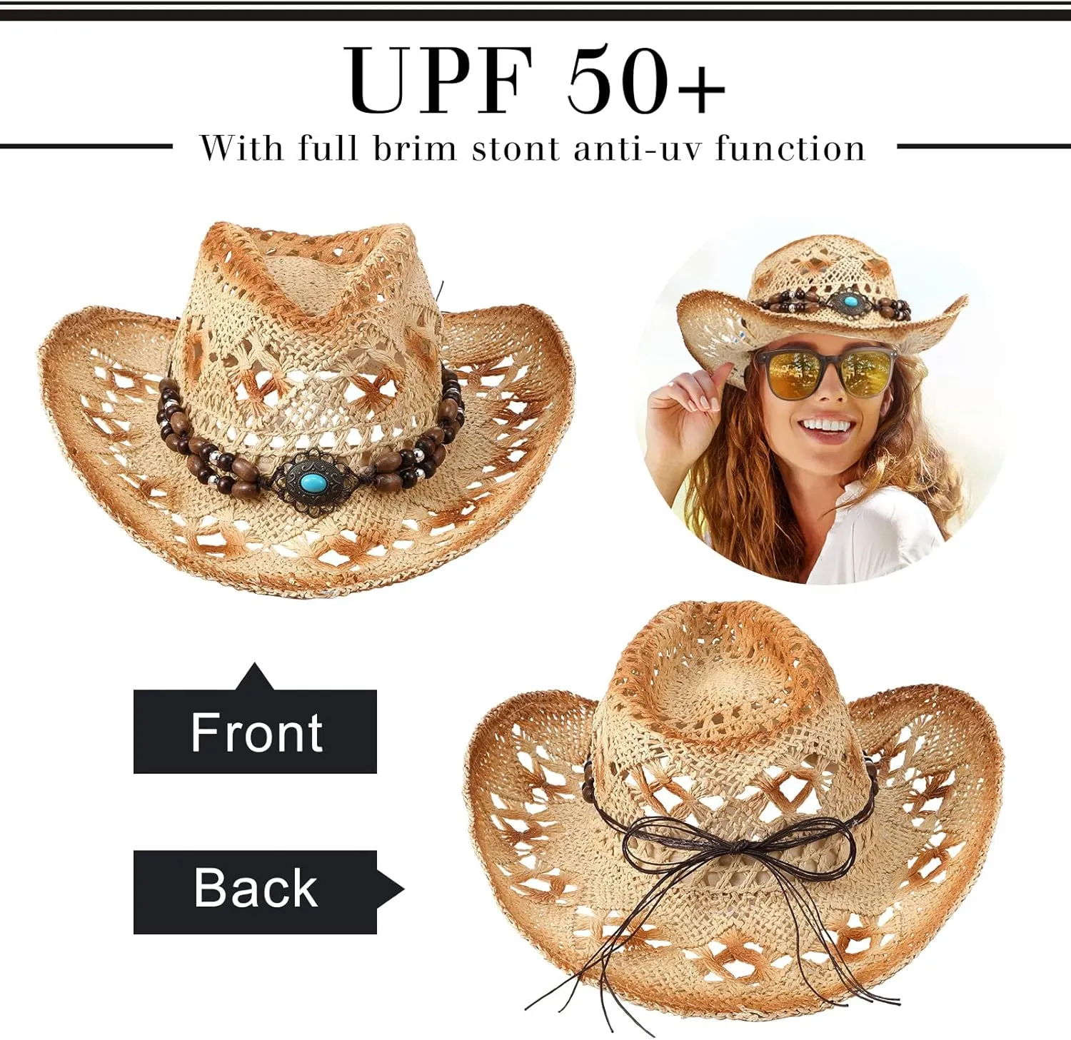 Zhanmai Women Men's Straw Cowboy Cowgirl Hat with Foldable Sunglasses Wide Brim Western Straw Hat Cowboy Costume Accessories