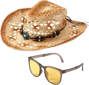 Zhanmai Women Men's Straw Cowboy Cowgirl Hat with Foldable Sunglasses Wide Brim Western Straw Hat Cowboy Costume Accessories