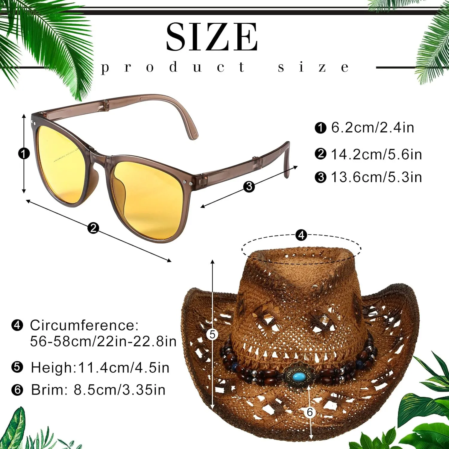 Zhanmai Women Men's Straw Cowboy Cowgirl Hat with Foldable Sunglasses Wide Brim Western Straw Hat Cowboy Costume Accessories