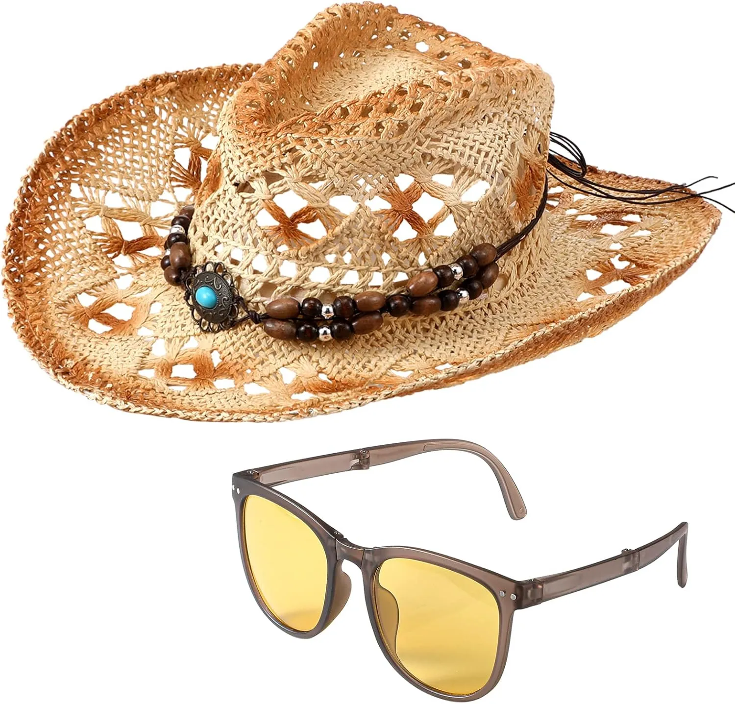 Zhanmai Women Men's Straw Cowboy Cowgirl Hat with Foldable Sunglasses Wide Brim Western Straw Hat Cowboy Costume Accessories