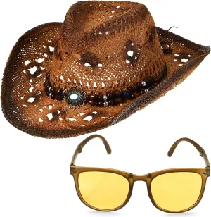 Zhanmai Women Men's Straw Cowboy Cowgirl Hat with Foldable Sunglasses Wide Brim Western Straw Hat Cowboy Costume Accessories