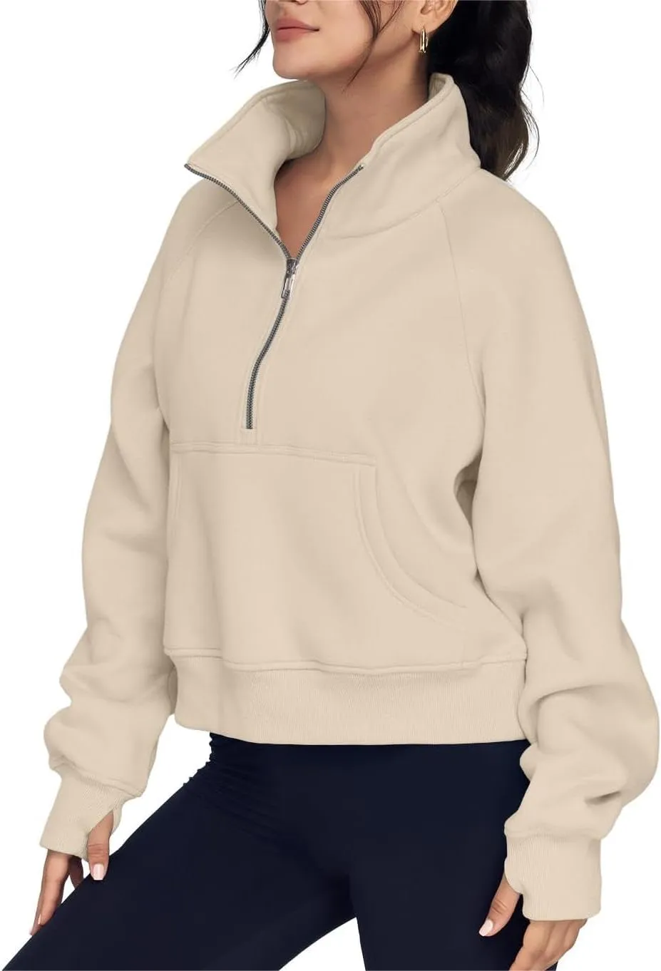 ZOCAVIA Women's Half Zip Sweatshirts Cropped Long Sleeve Fleece Pullovers Fall Winter Casual Loose T Shirt Thumb Hole
