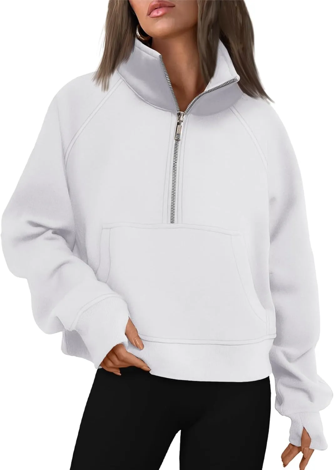 ZOCAVIA Women's Half Zip Sweatshirts Cropped Long Sleeve Fleece Pullovers Fall Winter Casual Loose T Shirt Thumb Hole