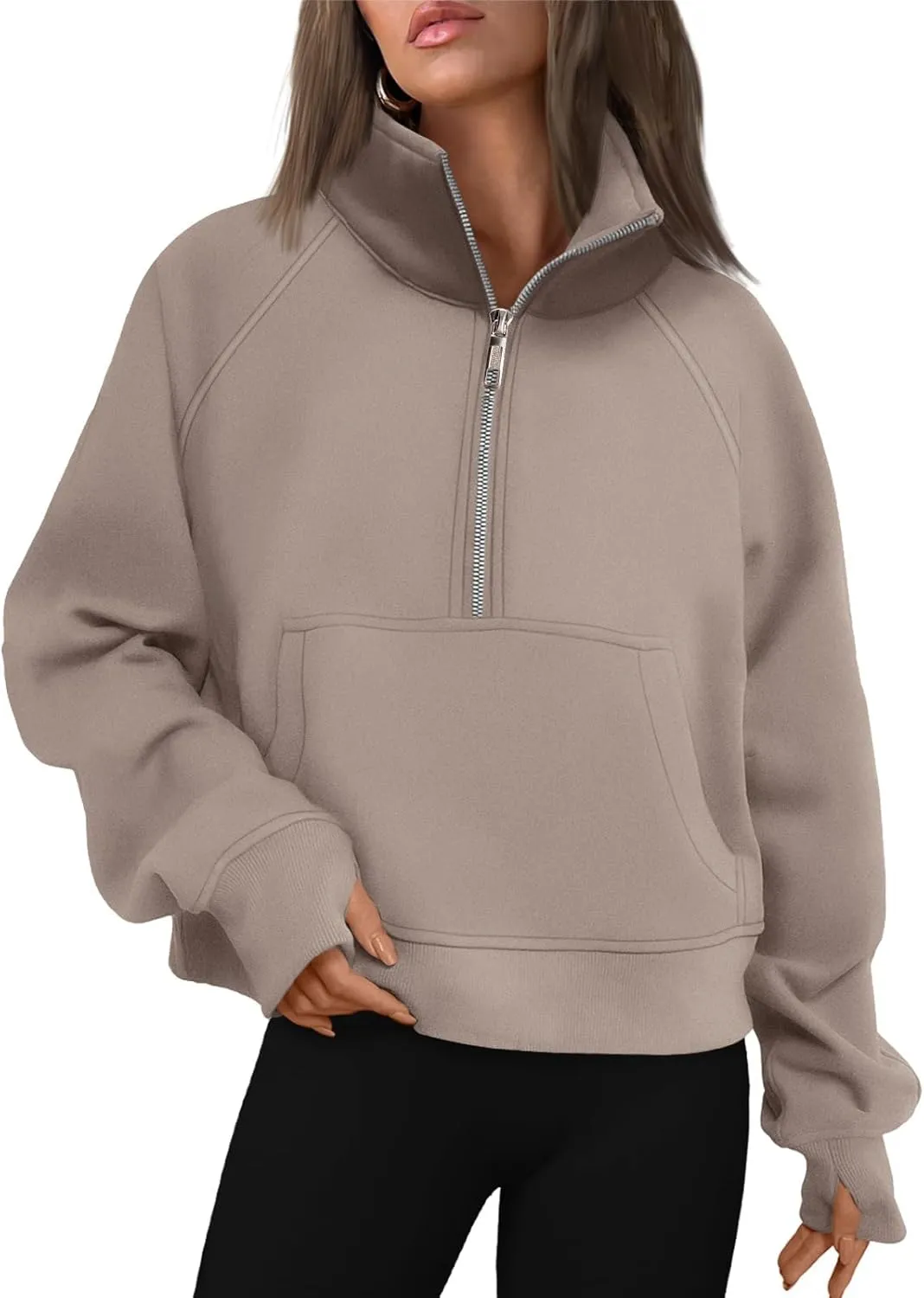 ZOCAVIA Women's Half Zip Sweatshirts Cropped Long Sleeve Fleece Pullovers Fall Winter Casual Loose T Shirt Thumb Hole