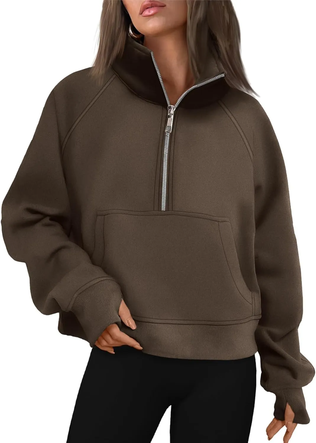 ZOCAVIA Women's Half Zip Sweatshirts Cropped Long Sleeve Fleece Pullovers Fall Winter Casual Loose T Shirt Thumb Hole