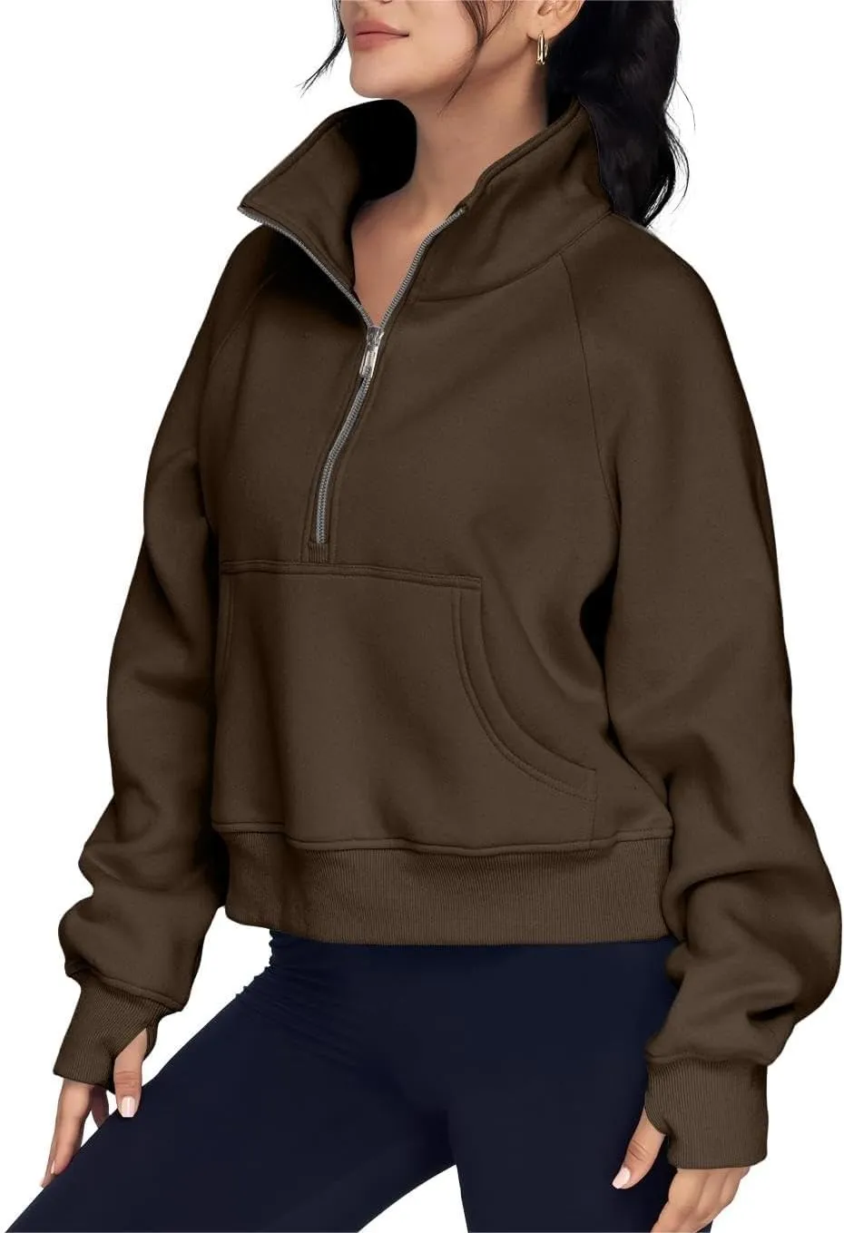 ZOCAVIA Women's Half Zip Sweatshirts Cropped Long Sleeve Fleece Pullovers Fall Winter Casual Loose T Shirt Thumb Hole