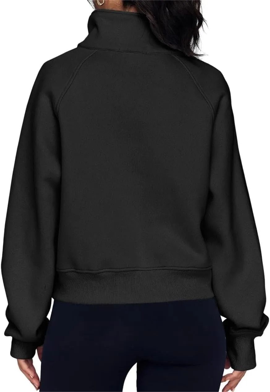 ZOCAVIA Women's Half Zip Sweatshirts Cropped Long Sleeve Fleece Pullovers Fall Winter Casual Loose T Shirt Thumb Hole