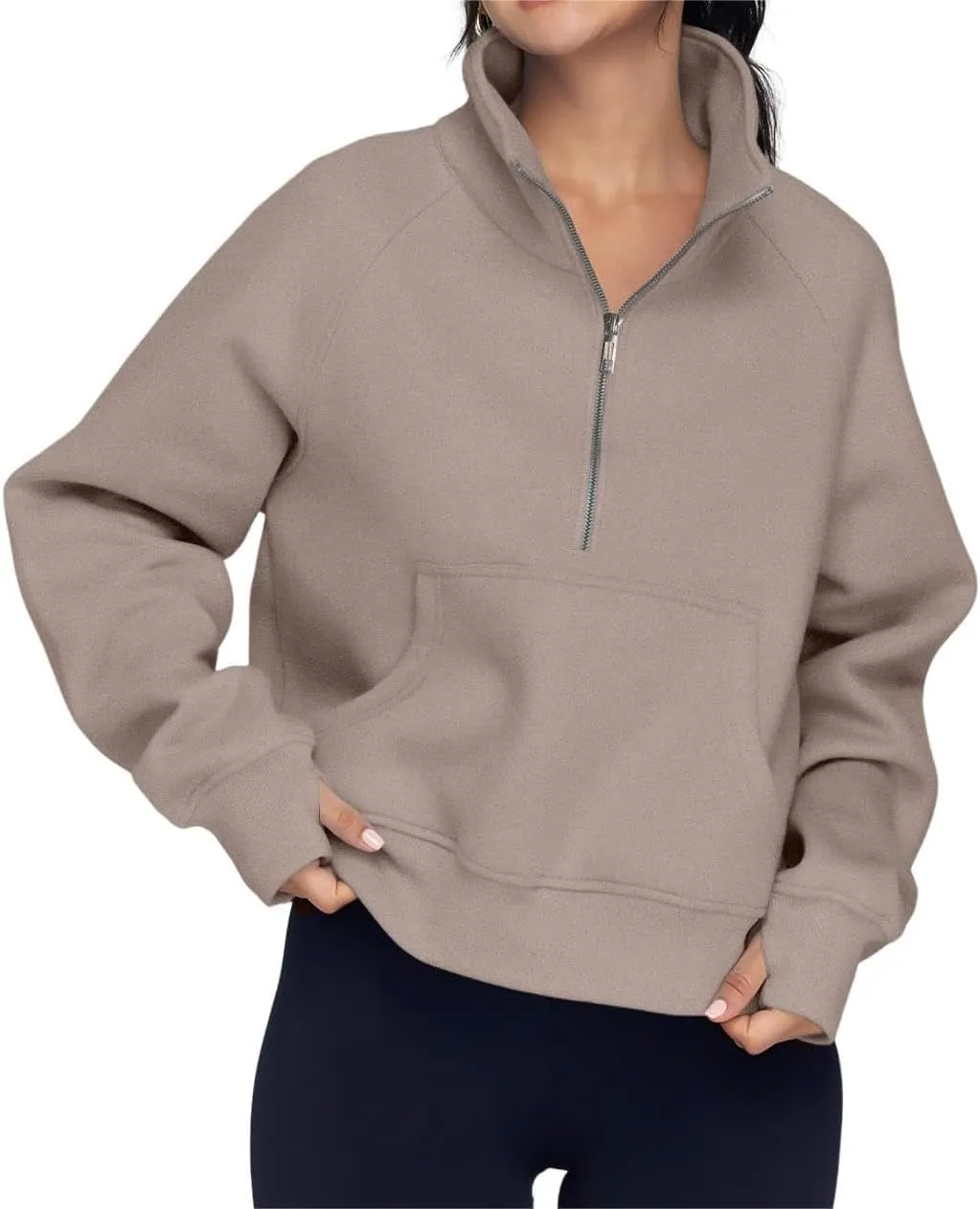 ZOCAVIA Women's Half Zip Sweatshirts Cropped Long Sleeve Fleece Pullovers Fall Winter Casual Loose T Shirt Thumb Hole