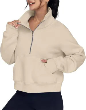 ZOCAVIA Women's Half Zip Sweatshirts Cropped Long Sleeve Fleece Pullovers Fall Winter Casual Loose T Shirt Thumb Hole