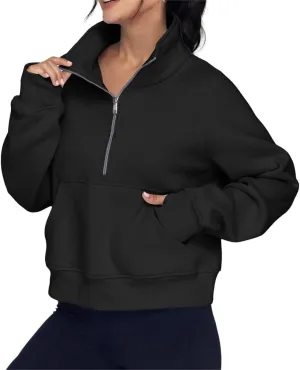 ZOCAVIA Women's Half Zip Sweatshirts Cropped Long Sleeve Fleece Pullovers Fall Winter Casual Loose T Shirt Thumb Hole