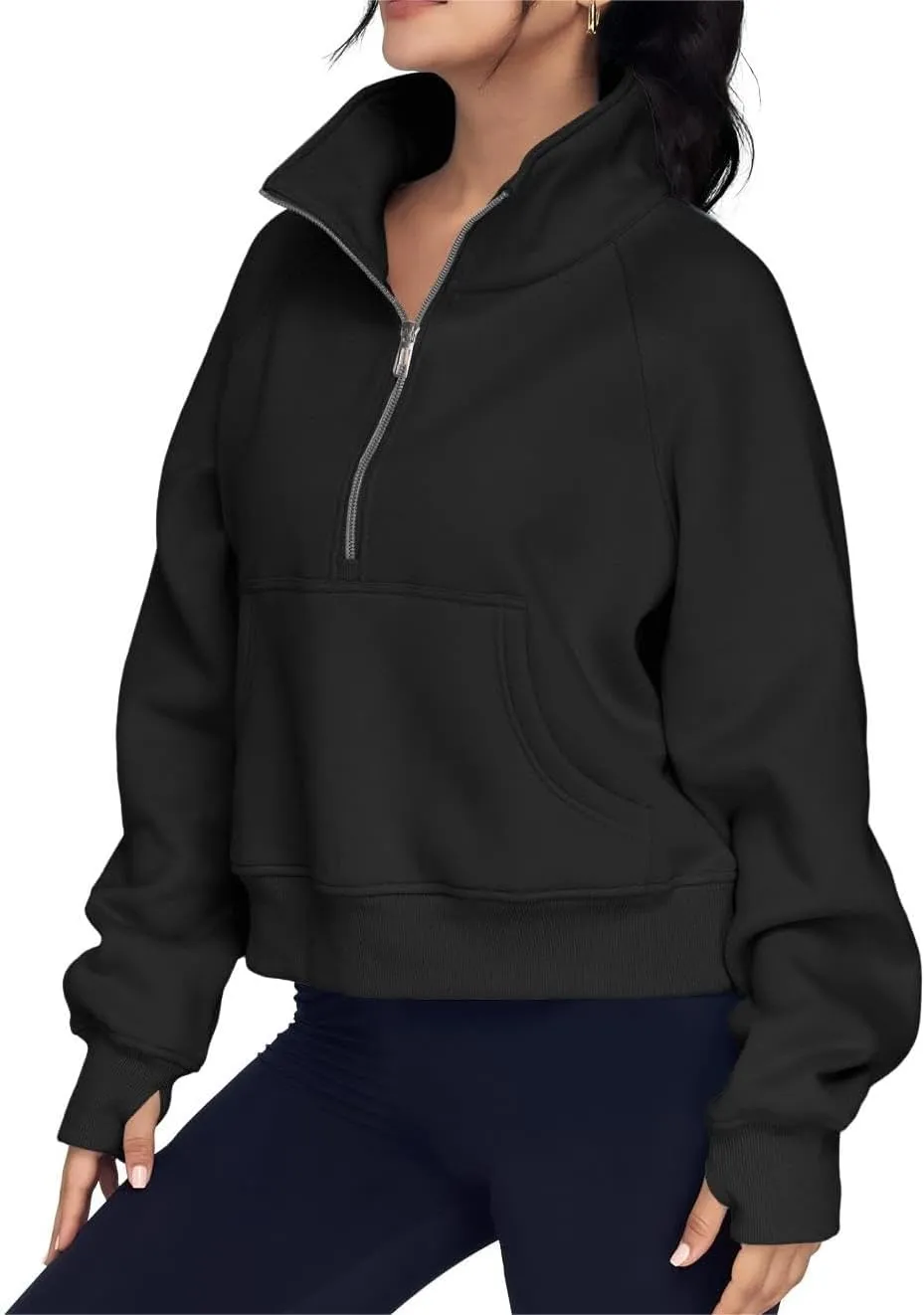ZOCAVIA Women's Half Zip Sweatshirts Cropped Long Sleeve Fleece Pullovers Fall Winter Casual Loose T Shirt Thumb Hole