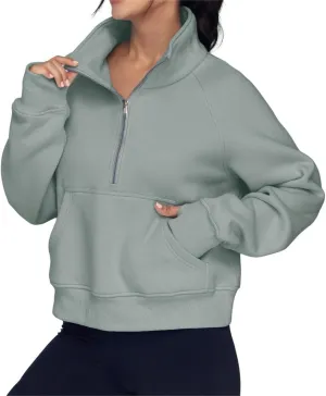 ZOCAVIA Women's Half Zip Sweatshirts Cropped Long Sleeve Fleece Pullovers Fall Winter Casual Loose T Shirt Thumb Hole