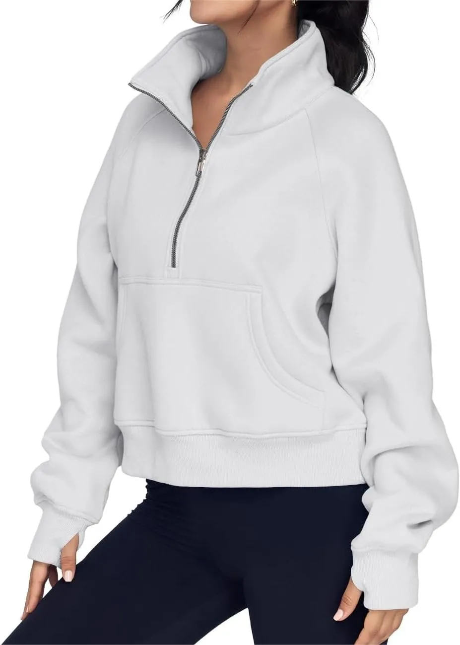 ZOCAVIA Women's Half Zip Sweatshirts Cropped Long Sleeve Fleece Pullovers Fall Winter Casual Loose T Shirt Thumb Hole