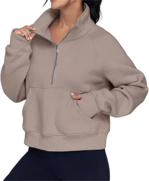 ZOCAVIA Women's Half Zip Sweatshirts Cropped Long Sleeve Fleece Pullovers Fall Winter Casual Loose T Shirt Thumb Hole
