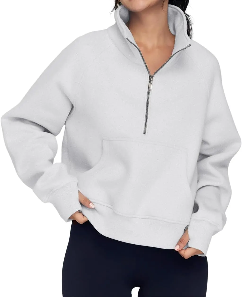 ZOCAVIA Women's Half Zip Sweatshirts Cropped Long Sleeve Fleece Pullovers Fall Winter Casual Loose T Shirt Thumb Hole