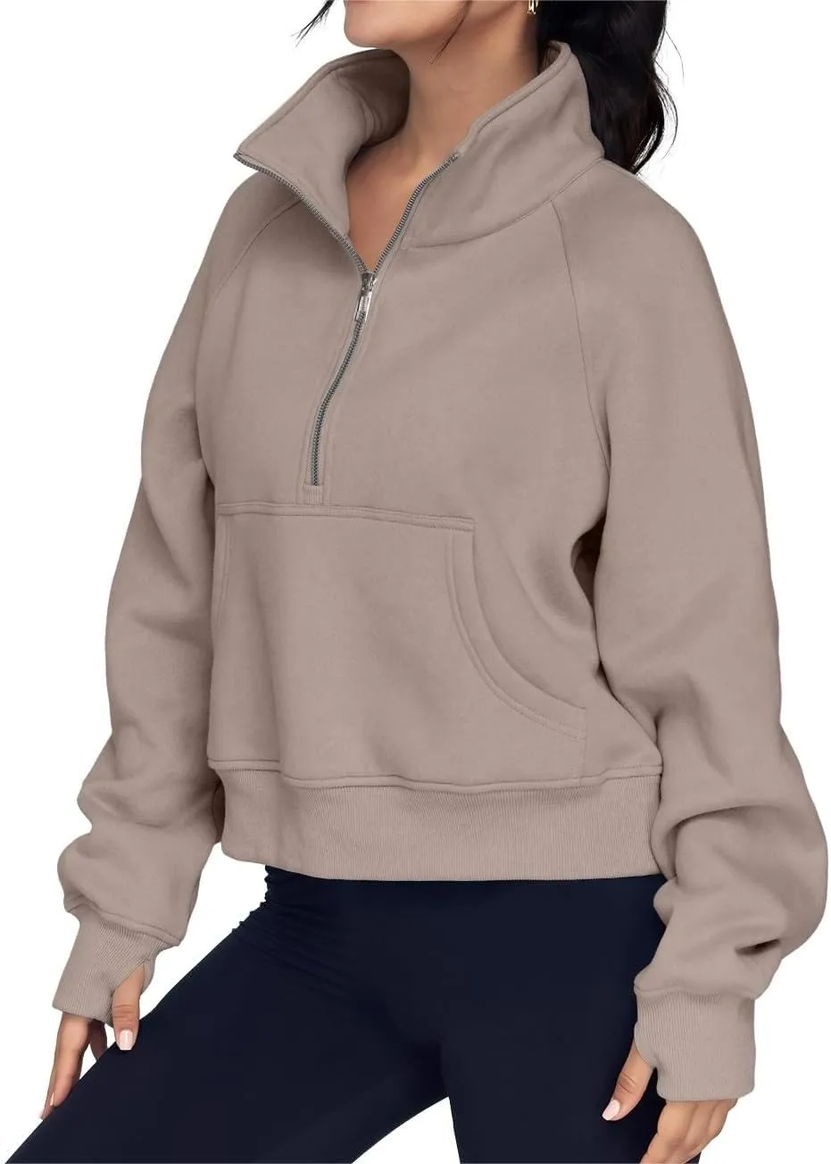 ZOCAVIA Women's Half Zip Sweatshirts Cropped Long Sleeve Fleece Pullovers Fall Winter Casual Loose T Shirt Thumb Hole