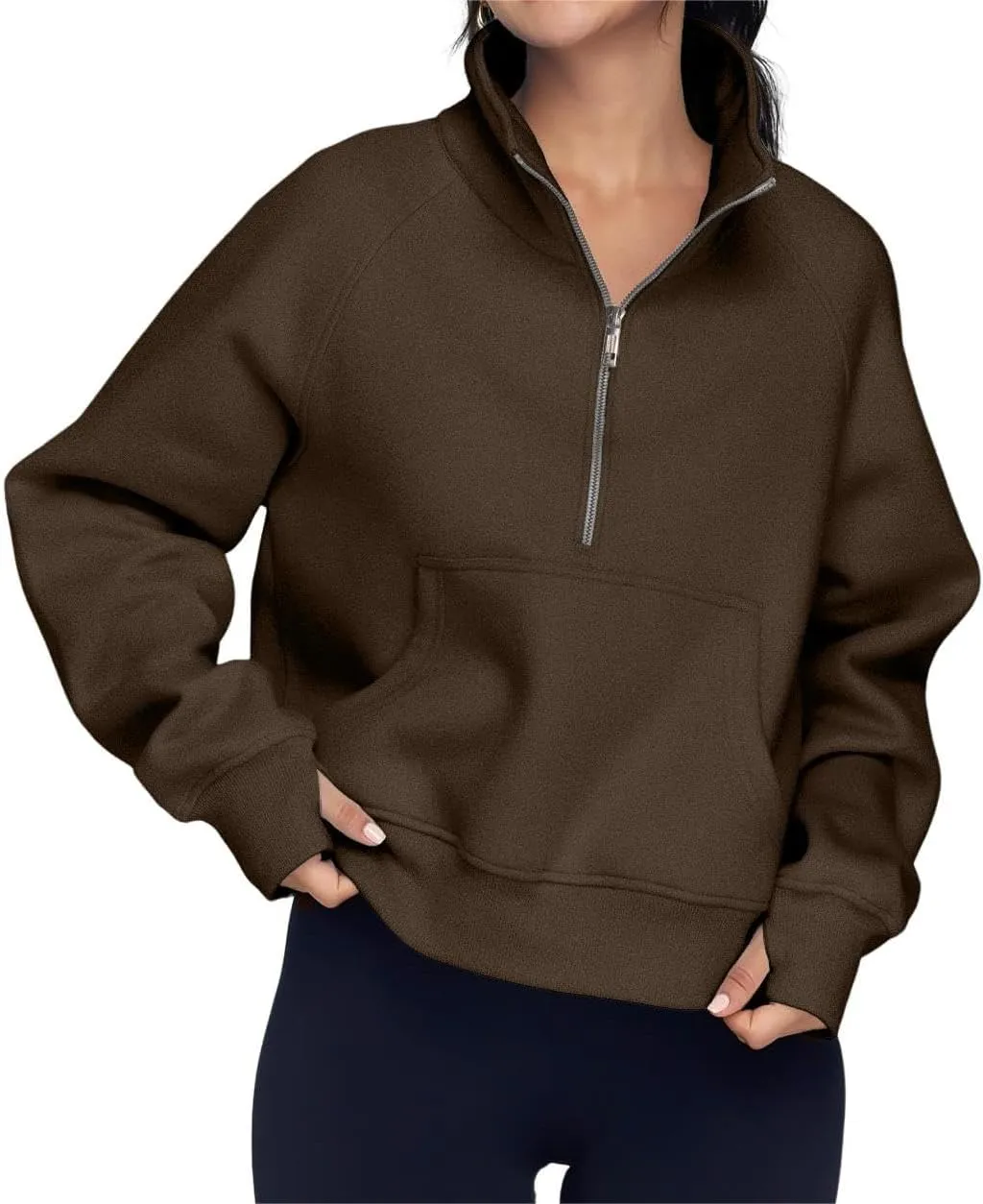 ZOCAVIA Women's Half Zip Sweatshirts Cropped Long Sleeve Fleece Pullovers Fall Winter Casual Loose T Shirt Thumb Hole
