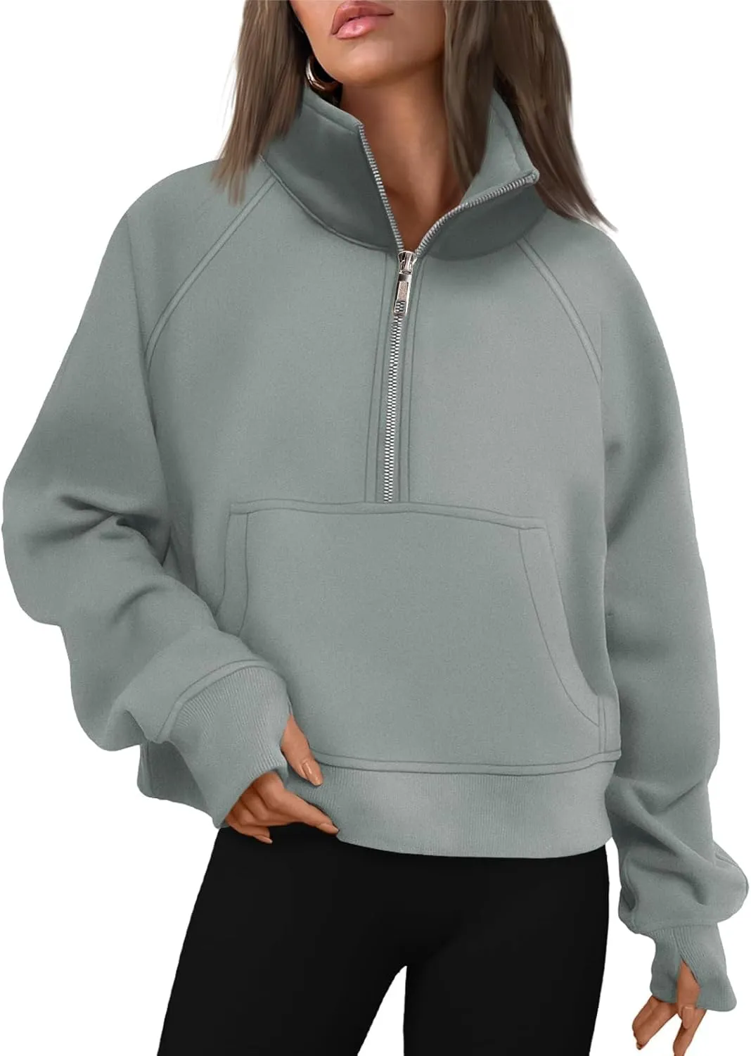 ZOCAVIA Women's Half Zip Sweatshirts Cropped Long Sleeve Fleece Pullovers Fall Winter Casual Loose T Shirt Thumb Hole