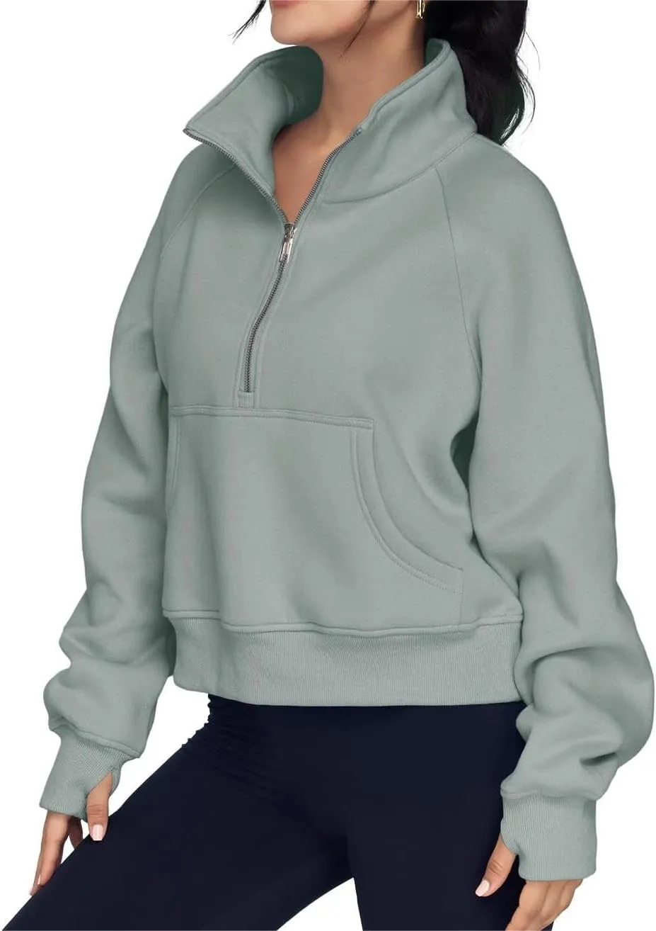 ZOCAVIA Women's Half Zip Sweatshirts Cropped Long Sleeve Fleece Pullovers Fall Winter Casual Loose T Shirt Thumb Hole