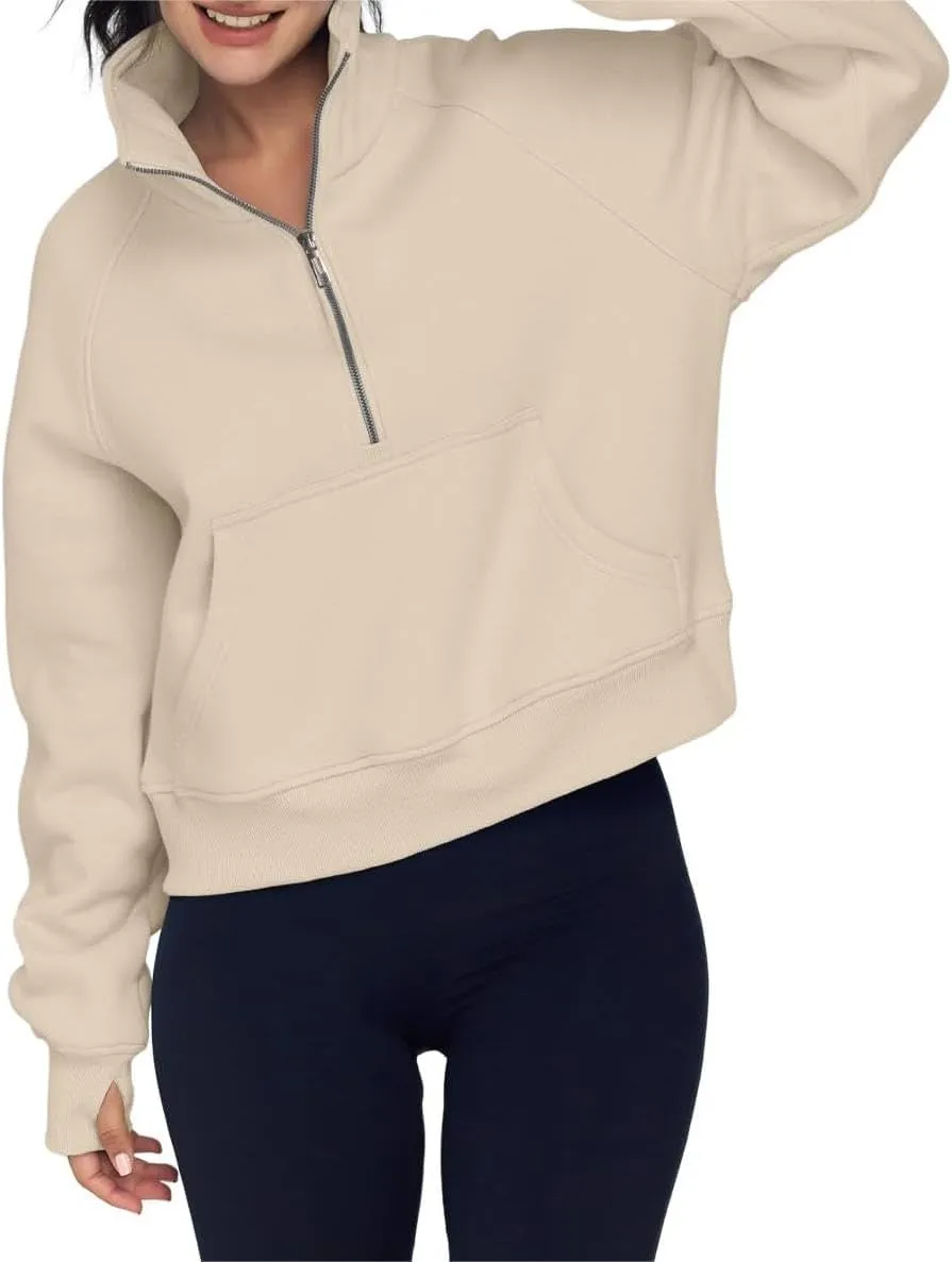 ZOCAVIA Women's Half Zip Sweatshirts Cropped Long Sleeve Fleece Pullovers Fall Winter Casual Loose T Shirt Thumb Hole