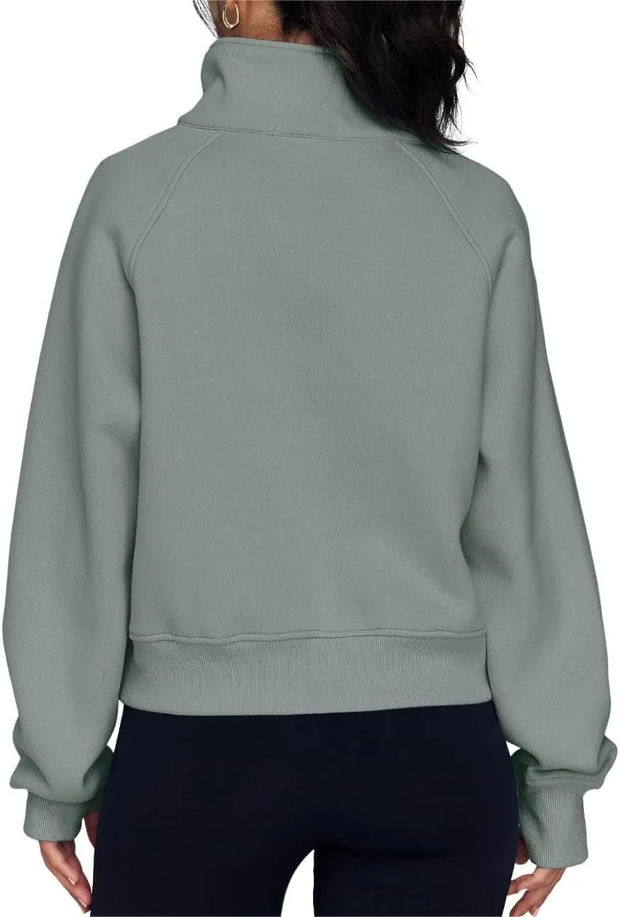 ZOCAVIA Women's Half Zip Sweatshirts Cropped Long Sleeve Fleece Pullovers Fall Winter Casual Loose T Shirt Thumb Hole