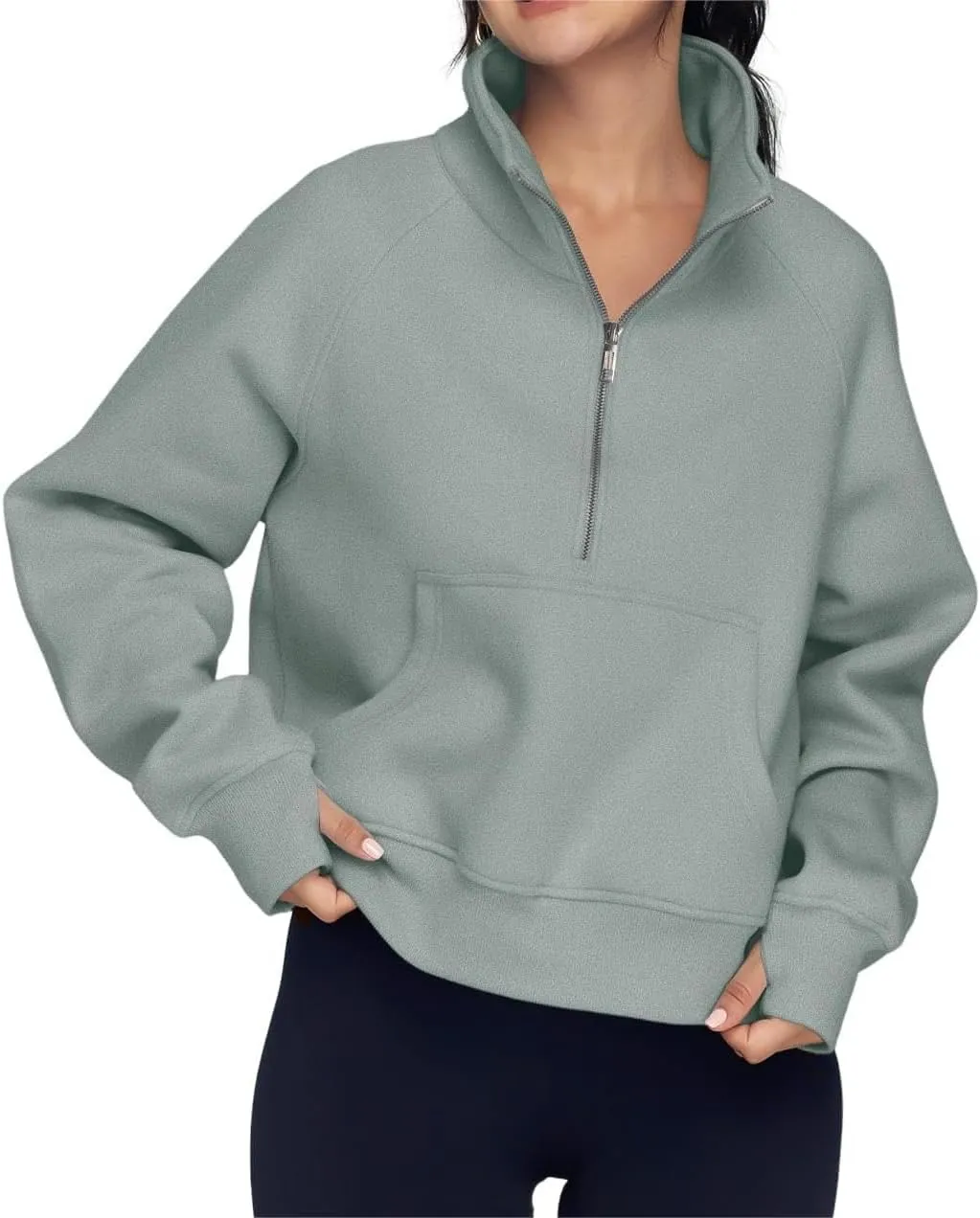 ZOCAVIA Women's Half Zip Sweatshirts Cropped Long Sleeve Fleece Pullovers Fall Winter Casual Loose T Shirt Thumb Hole