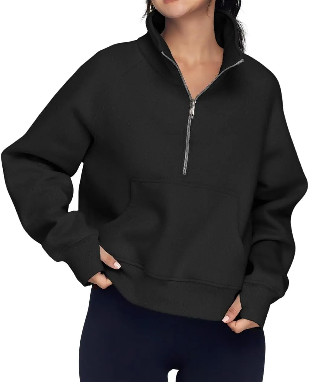 ZOCAVIA Women's Half Zip Sweatshirts Cropped Long Sleeve Fleece Pullovers Fall Winter Casual Loose T Shirt Thumb Hole