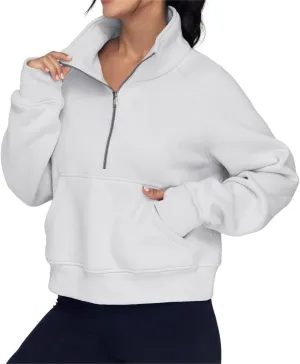 ZOCAVIA Women's Half Zip Sweatshirts Cropped Long Sleeve Fleece Pullovers Fall Winter Casual Loose T Shirt Thumb Hole