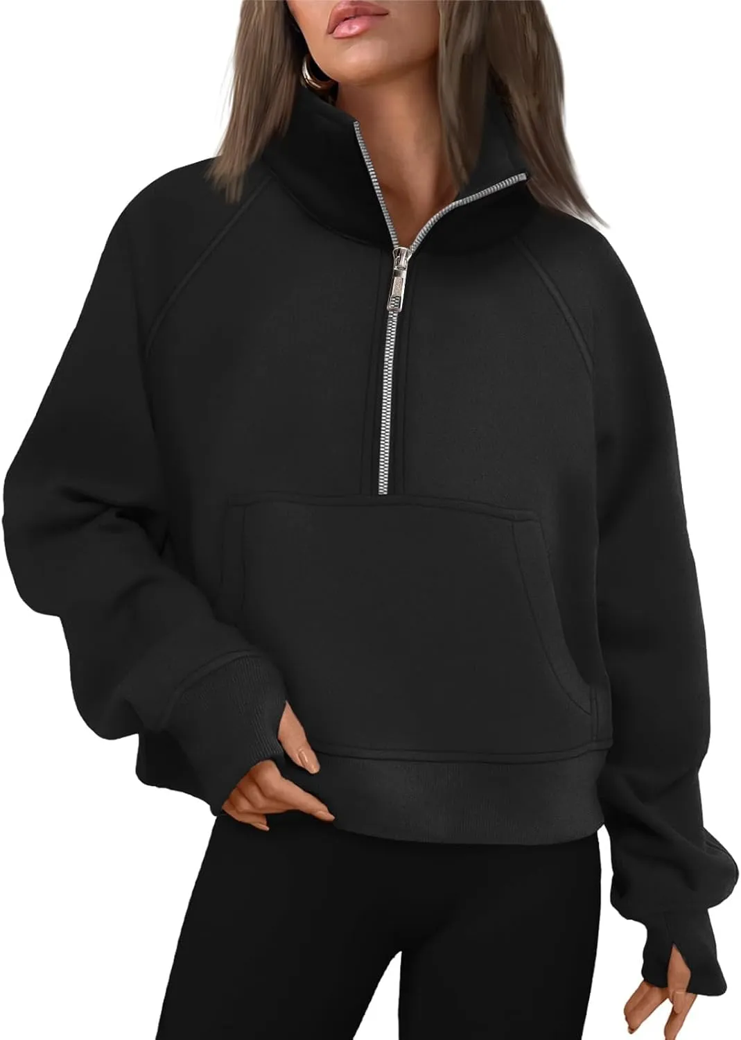 ZOCAVIA Women's Half Zip Sweatshirts Cropped Long Sleeve Fleece Pullovers Fall Winter Casual Loose T Shirt Thumb Hole