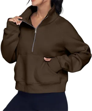 ZOCAVIA Women's Half Zip Sweatshirts Cropped Long Sleeve Fleece Pullovers Fall Winter Casual Loose T Shirt Thumb Hole