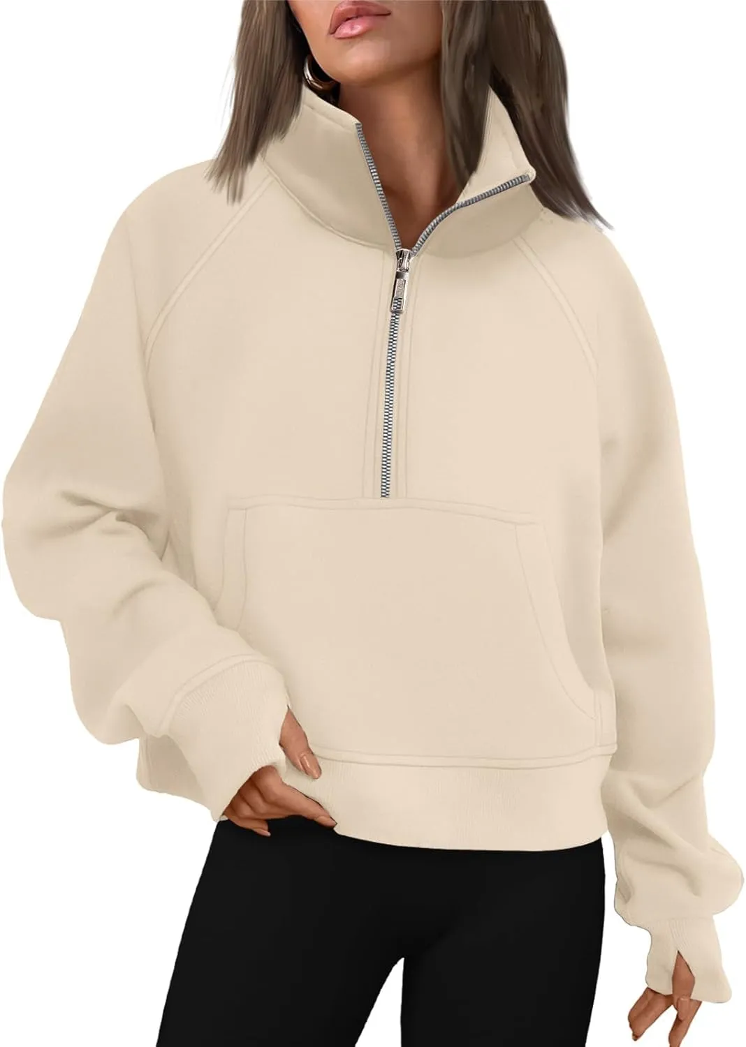 ZOCAVIA Women's Half Zip Sweatshirts Cropped Long Sleeve Fleece Pullovers Fall Winter Casual Loose T Shirt Thumb Hole